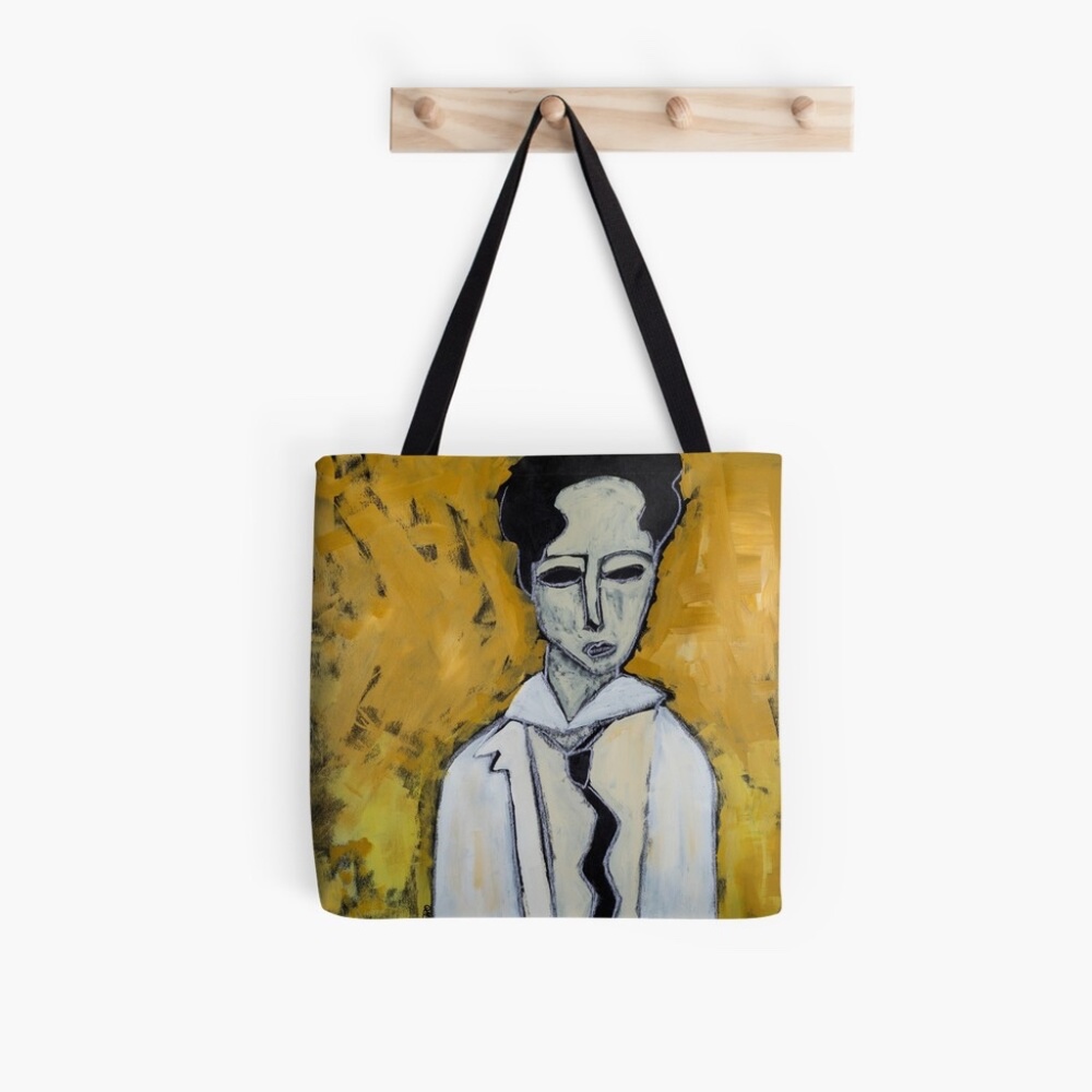 SHESHADOW: Cute carry bag of my original painting, yellow ochre, black, white.